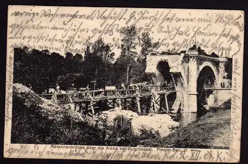 38491 AK Frankreich 1915 Kolonnenbrücke über die Aisne bei Guignicourt Pionier