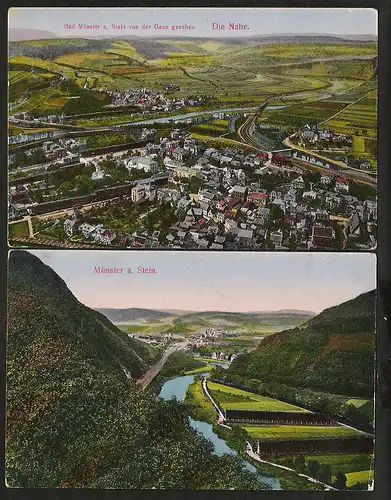 25463 2 AK Bad Münster a. Stein Die Nahe datiert 1918 Ebernburg Rheinland-Pfalz