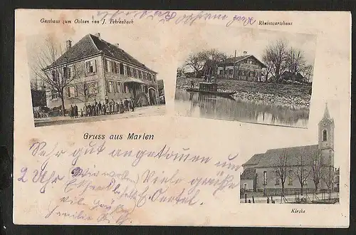24507 AK Marlen Kehl Gasthaus zum Ochsen Rheinwärterhaus Kirche, gelaufen 1904