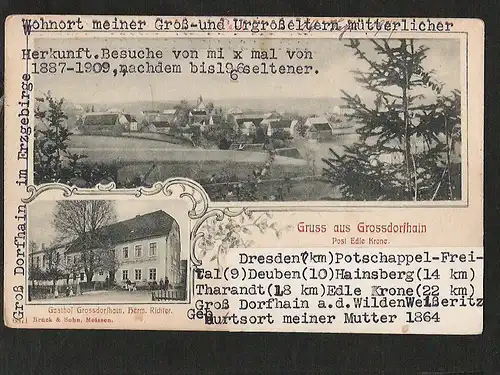 22353 AK Großdorfhain Post Edle Krone Gasthof Richter Bahnpost 1907