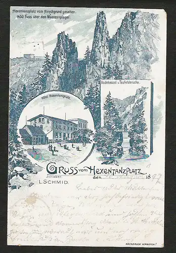 22359 AK Hexentanzplatz vom Hirschgrund HarzHotel L. Schmid 1897 Bodekessel