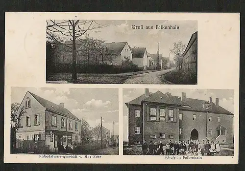 21489 AK Falkenhain Kolonialwaren Max Kehr Schule Landpoststempel Pegau 1939