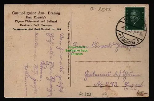 20952 AK Bretnig Gasthof grüne Aue mit Innenansicht, gelaufen   1931