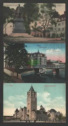 141393 3 AK Posen Poznan Bismarck Denkmal 1910 Wallischeibrücke 1915 Königl.