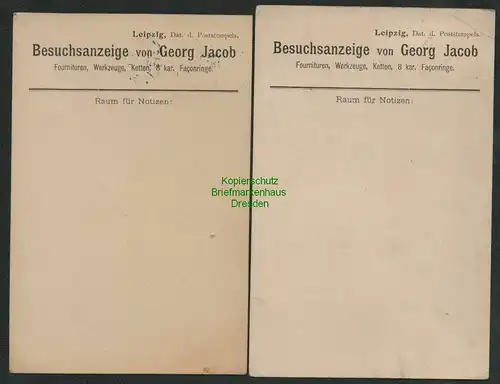 139650 2 Postkarten Leipzig 1909 Firmenlochung Perfin Georg Jacob G. J. Besuchsa