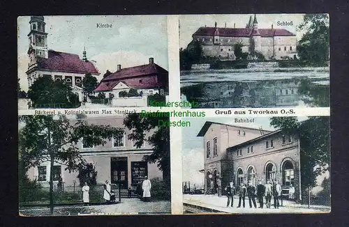 135710 AK Tworkow Tworkau Kirche Schloss Bäckerei Bahnhof 1929 Kolonialwaren