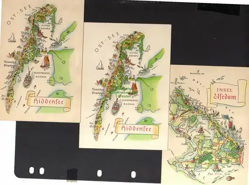 132468 3 AK Ostsee Hiddensee Usedom 1958 Landkarte Hoppe Leipzig Nr. 8002 8005