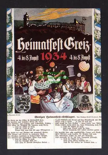 126564 AK Greiz Thüringen Heimatfest Schlager 1934 Künstlerkarte
