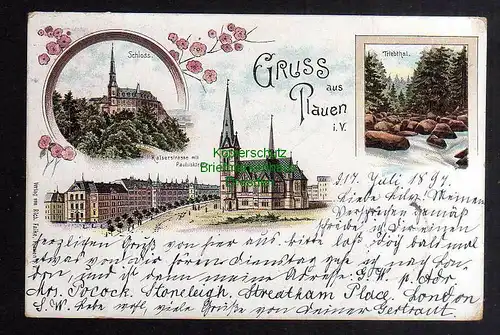 124066 AK Litho Plauen Vogtland Kaiserstrasse Pauluskirche Schloss Triebtal 1897