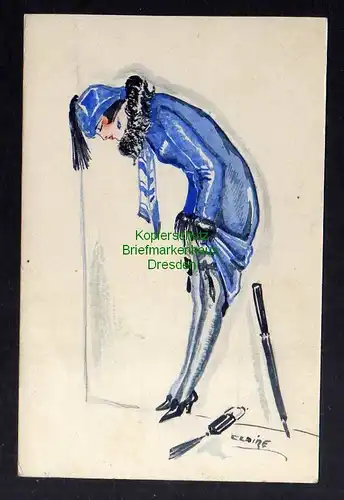 124146 AK Künstlerkarte Frau im blauem Kleid blauer Hut