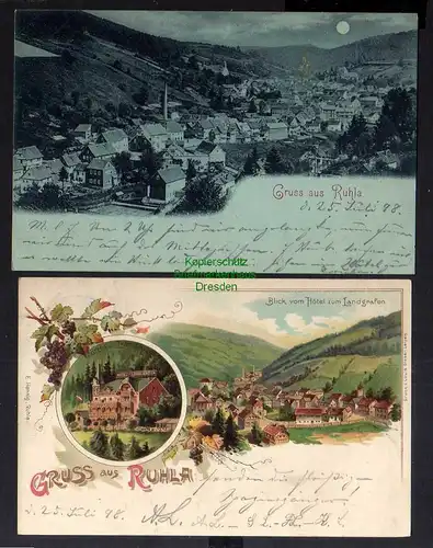 123422 2 AK Ruhla Litho 1898 Hotel zum Landgrafen Mondscheinkarte Panorama