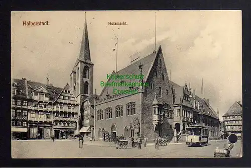 122458 AK Halberstadt Holzmarkt Kirche Straßenbahn 1912