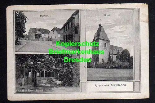 116410 AK Memleben 1920 Dorfpartie Kirche Veranda im Gasthof Heinze