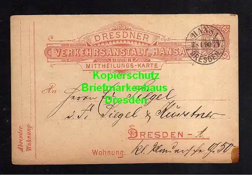 116125 Privatpost Hansa Dresden 1890 Ganzsache Mitteilungs Karte Verein Dresdner