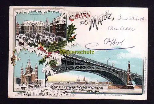 115749 AK Mainz 1900 Winterlitho Schillerplatz Dom Bogen der Strassenbrücke