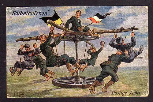 113469 AK Künstlerkarte Arthur Thiele Soldatenleben 1918 Lustige Fahrt Karussel