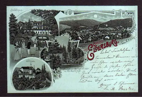 111170 AK Elgersburg 1902 Mondscheinlitho Badehaus Mühle Goethefelsen Schloß