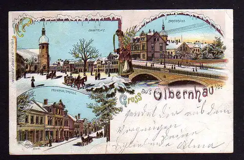 102151 AK Winterlitho Olbernhau um 1900 Marktbrücke Markt Freiberger Strasse