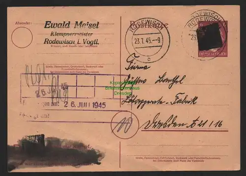 B11190 SBZ 1945 Ganzsache Schwärzung Rodewisch nach Dresden
