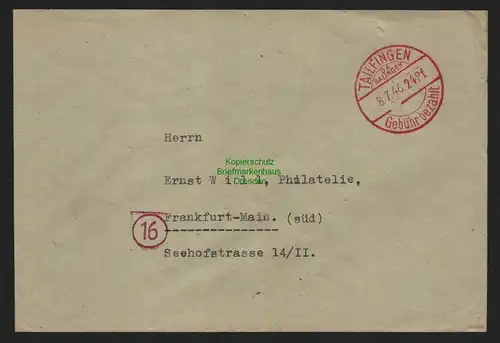 B11071 Brief BAZ Gebühr bezahlt 1946 Tailfingen O. A. Balingen nach Frankfurt a.