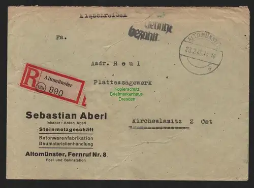 B11089 Brief BAZ Gebühr bezahlt 1946 Altomünster Einschreiben nach Kirchenlamitz