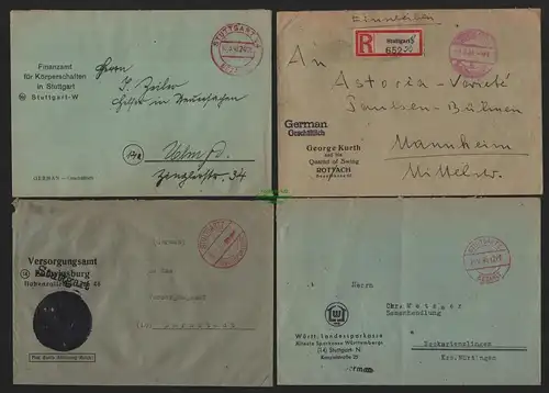B11074 4x Brief BAZ Gebühr bezahlt Stuttgart 1945 Einschreiben Versorgungsamt