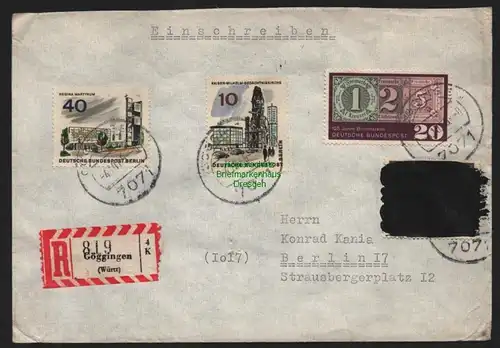 B11041 Brief BRD 479 Schwärzung Postkrieg Göggingen 1965 nach Berlin