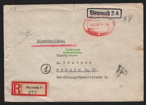 B11069 Brief BAZ Gebühr bezahlt 1946 Bayreuth nach Berlin Einschreiben