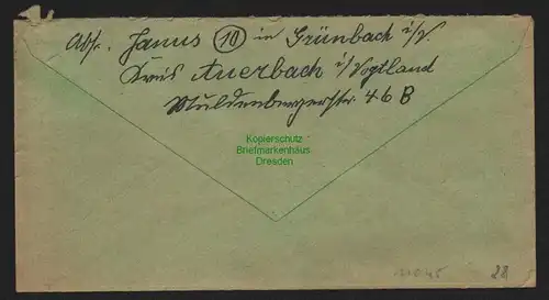 B11045 Brief SBZ Sächsische Schwärzung Grünbach Vogtland 14.7.45 nach Düsseldorf