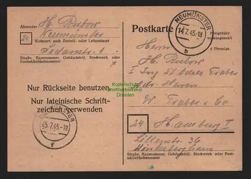 B11055 Notganzsache BAZ Gebühr bezahlt 1945 Neumünster nach Hamburg P770