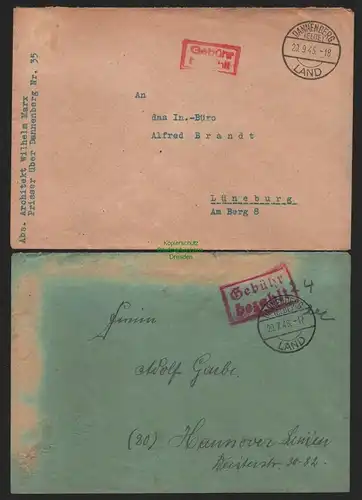 B11146 2x Brief BAZ Gebühr bezahlt 1945 1948 Dannenberg Elbe Land nach Hannover