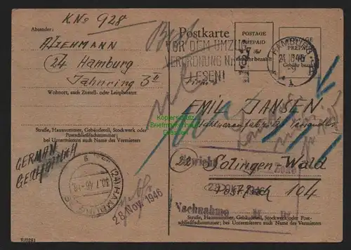 B11101 Notganzsache BAZ Gebühr bezahlt 1946 Hamburg nach Solingen Wald