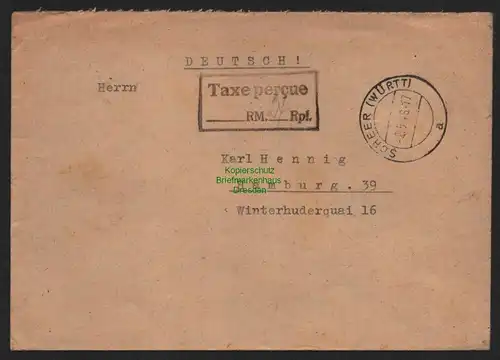 B11110 Brief BAZ Gebühr bezahlt Taxe percue 1946 Scheer nach Hamburg