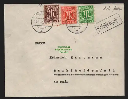 B11063 Brief BAZ Gebühr bezahlt 1945 Grönenbach nach Marktheidenfeld