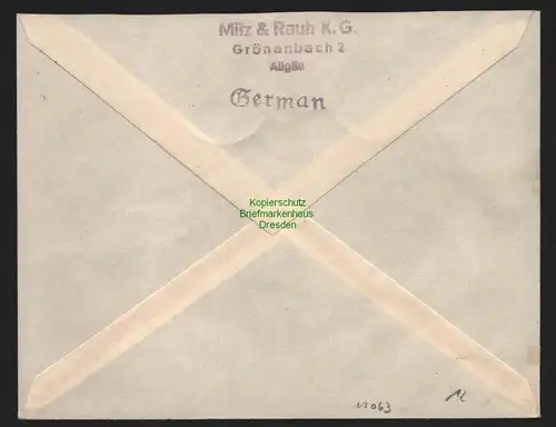 B11063 Brief BAZ Gebühr bezahlt 1945 Grönenbach nach Marktheidenfeld