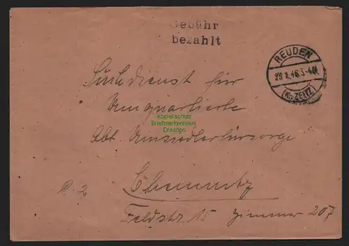 B11078 Brief SBZ Gebühr bezahlt 1946 Reuden Kr. Zeitz nach Chemnitz Suchdienst