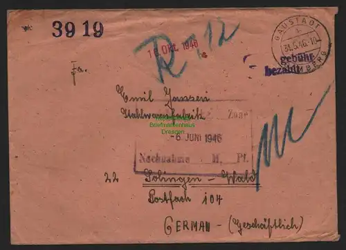 B11096 Brief BAZ Gebühr bezahlt 1946 Gaustadt über Bamberg nach Solingen Wald