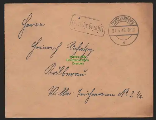 B11127 Brief BAZ Gebühr bezahlt 1946 Schöllkrippen