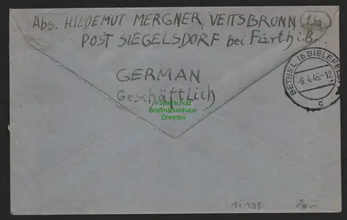 B11139 Brief BAZ Gebühr bezahlt 1945 Siegelsdorf Einschreiben nach Bethel bei Bi