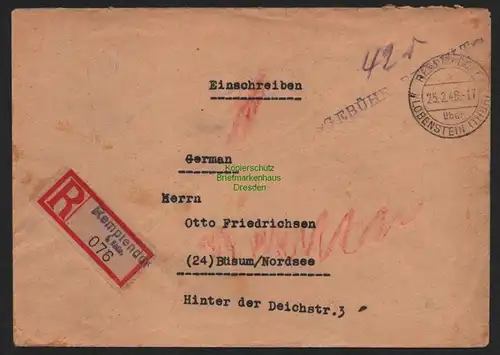 B11135 Brief SBZ Gebühr bezahlt 1946 Remptendorf über Lobenstein nach Büsum