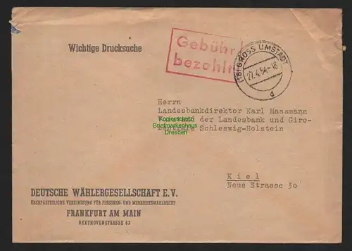 B11150 Brief BRD Gebühr bezahlt 1954 Gross Umstadt Drucksache nach Kiel