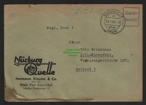 B11147 Brief BAZ Gebühr bezahlt 1946 Dockweiler über Daun nach Köln Ehrenfeld