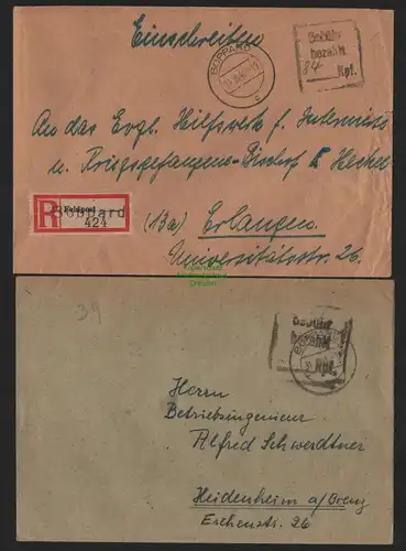 B11131 Brief BAZ Gebühr bezahlt 1946 Boppard Einschreiben Not-R Zettel Feldpost