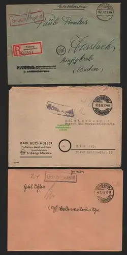 B11128 3x Brief BAZ Gebühr bezahlt 1946 1947 Triberg Schwarzwald Einschreiben