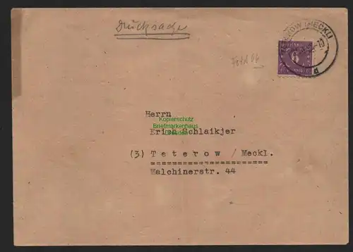 B11203 Brief SBZ 10 Mecklenburg 1946 Güstrow Drucksache nach Teterow