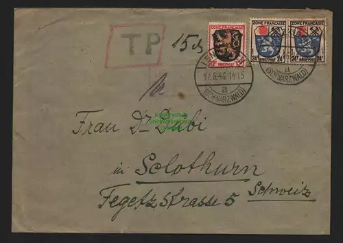 B11064 Brief BAZ Gebühr bezahlt 1946 Lenzkirch Schwarzwald n. Solothurn Schweiz