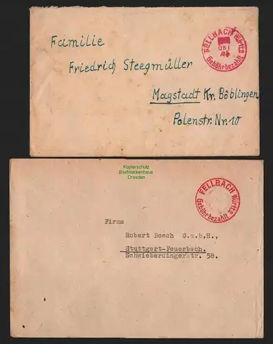 B11070 2x Brief BAZ Gebühr bezahlt 1945 Fellbach Württ. n Magstadt Kr. Böblingen
