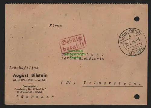 B11085 Postkarte BAZ Gebühr bezahlt 1945  Altenvoerde über Milspe n Vollmarstein