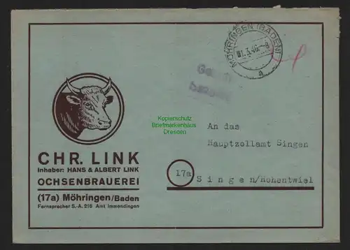 B11093 Brief BAZ Gebühr bezahlt 1946 Möhringen Baden an Hauptzollamt Singen