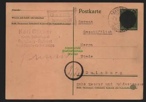 B11051 Ganzsache BAZ Duisburg Schwärzung 1945 Gebühr bezahlt